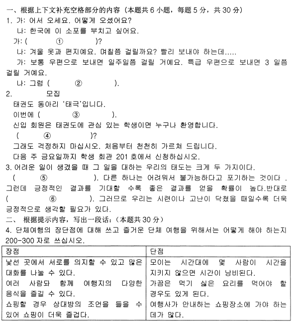 2021年10月贵州自考01117韩国语写作真题与答案