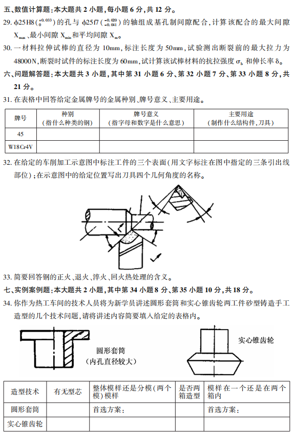 2021年10月贵州自考01666金属工艺学真题及答案