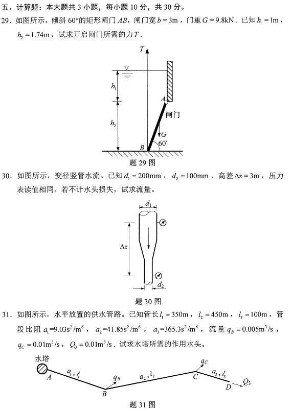 全国2021年10月高等教育自学考试流体力学试题  课程代码:03347  1.请考生按规定用笔将所有试题的答案涂、写在答题纸上。  2.答题前,考生务必将自己的考试课程名称.姓名、准考证号用黑色字迹的签字笔或钢笔填写在答题纸规定的位置上。  选择题部分  注意事项:每小题选出答案后，用2B铅笔把答题纸上对应题目的答案标号涂黑。如需改动，用橡皮擦干净后,再选涂其他答案标号。不能答在试题卷上。  一、单项选择题:本大题共10小题，每小题2分，共20分。在每小题列出的备选项中只有一项是最符合题目要求的，请将其选出。  1.根据牛顿内摩擦定律，影响流体粘性剪应力的因素是  A.剪切变形和粘度  B.剪切变形和流速  C.剪切变形速度和粘度  D.剪切变形速度和流速  2.封闭容器内水面上气体的绝对压强p。= 170kPa,当地大气压p。= 0.1MPa,水深1m处的相对压强为  A. 79.8kPa  B.109.8kPa  C.179.8kPa  D.279.8kPa  3.在总流伯努利方程中，流速v是过流断面上的.  A.某点流速  B.平均流速  C.最大流速  D.最小流速  4.均匀流过流断面上各点的测压管水头2021年10月自考03347流体力学真题与答案上为  A.常数  B.线性分布(斜率k≠0)  C.抛物线分布  D.对数曲线分布  5，局部水头损失产生的主要原因是  A.局部旋涡区  B.壁面粗糙度  C.壁面剪应力  D.附加剪应力  6.短管水力计算中，水头损失  2021年10月自考03347流体力学真题与答案  7.在明渠中不可能发生的流动是  A.恒定均匀流  B.恒定非均匀流  C.非恒定均匀流  D.非恒定非均匀流  8.顶°角θ=90°的三角形薄壁堰自由出流，堰上水头为H =0.06m ,若堰上水头增加1倍，流量增加约  A.1.0倍  B.1.4倍  C.2.5倍  D.4.7 倍  9.普通完全井的涌水量  A.与含水层厚度成反比  B.与井的半径成反比  C.与渗透系数成正比  D.与影响半径成正比  10.在紊流粗糙区，要做到模型与原型流动的重力和阻力相似，进行模型设计时  A.使用雷诺准则  B.使用弗劳德准则  C.使用欧拉准则  D.只需保持几何相似  非选择题部分  注意事项:用黑色字迹的签字笔或钢笔将答案写在答题纸上,不能答在试题卷上。  二、填空题:本大题共10小题， 每小题2分，共20分。  11.流体所受的质量力Fg = mai - mgk (式中m为流体的质量，i和k分别为坐标轴x方向和z方向的单位矢量)，流体所受的单位质量力fe ________。  12.流体的基本特性是具有_______，即静 止流体不能承受剪切力。  13.恒定流中，流体质点的当地加速度为          。  14.圆管均匀流过流断面上的剪应力呈          分布。  15.尼古拉兹实验揭示了沿程摩阻系数与雷诺数和          的关系。  16.孔口淹没出流流量Q与作用水头Ho的          次方成正比。  17.在M、M2、Ms、S、S和S3等各型水面曲线中，降水曲线有          。  18.宽顶堰发生侧收缩时，堰的过流能力  19.渗透系数的测定方法包括现场测定法、          和经验方法。  20.角速度w、长度1、重力加速度g的无量纲组合是          。  三、名词解释题:本大题共5小题，每小题3分,共15分。  21.真空度  22.动能修正系数  23.时均流速  24.临界水深  25.动力相似  四、简答题:本大题共3小题，每小题5分，共15分。  2021年10月自考03347流体力学真题与答案  2021年10月自考03347流体力学真题与答案