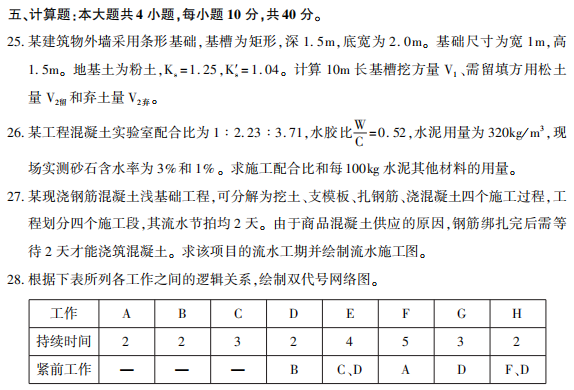 2021年10月贵州自考02400建筑施工(一)真题与答案